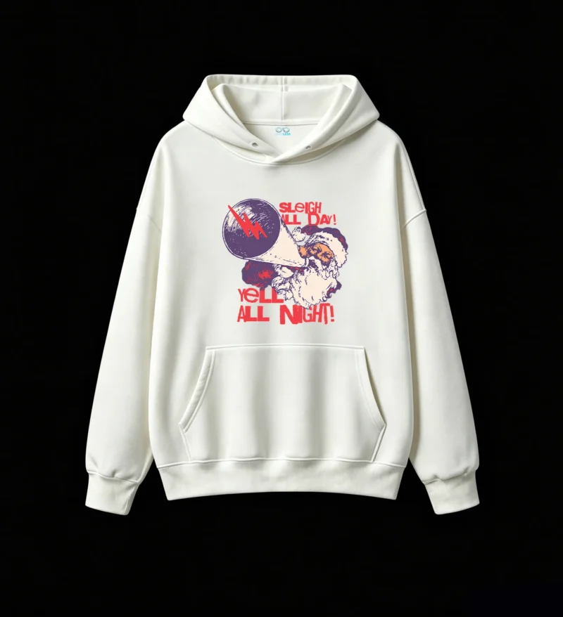 白卫正 Sleigh All Day Yell All Night Punk Rock Santa Claus Megaphone Graphic Print Hoodie