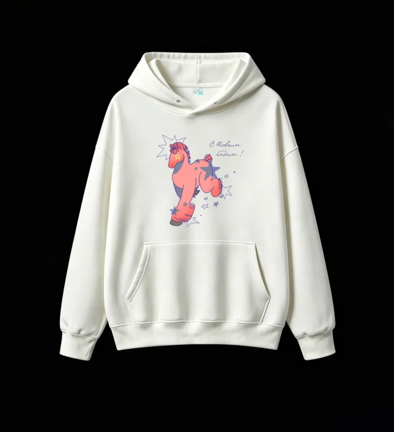 白卫正 Magical Pink Horse With Blue Mane And Tail New Year Celebration Star Print Hoodie