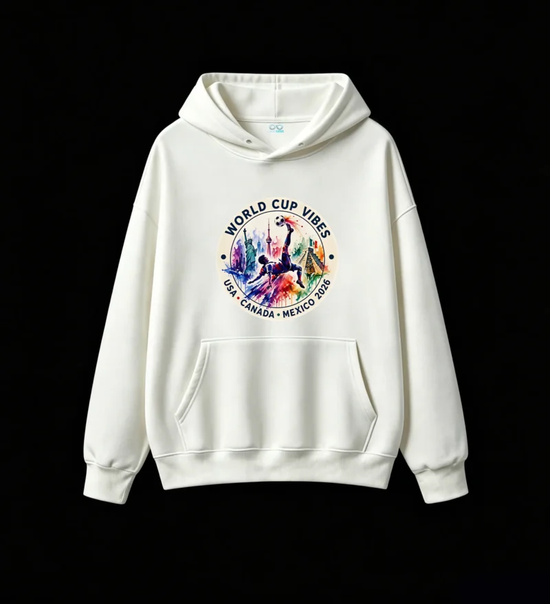 2026 World Cup Vibes USA Canada Mexico Watercolor Soccer Player Bicycle Kick Landmarks Graphic Print - Premium Cotton Blend Men's Women's Unisex Hoodie