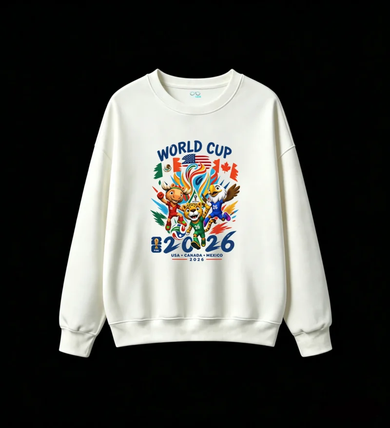 白卫正 2026 FIFA World Cup USA Canada Mexico Mascots Moose Jaguar Eagle Vibrant Colorful Crew Neck Sweatshirt