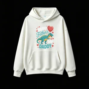 白卫正 Happy Father's Day T-Rex Dinosaur Graphic Hoodie - Cozy Pullover Sweatshirt with Colorful Heart Design
