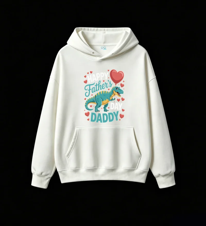 白卫正 Happy Father's Day T-Rex Dinosaur Graphic Hoodie - Cozy Pullover Sweatshirt with Colorful Heart Design