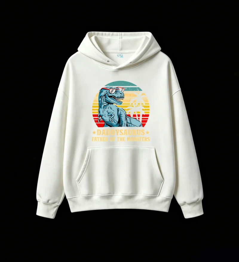 白卫正 Daddysaurus Father of the Monsters Retro T-Rex with Sunglasses 70s 80s Vintage Style Graphic Hoodie