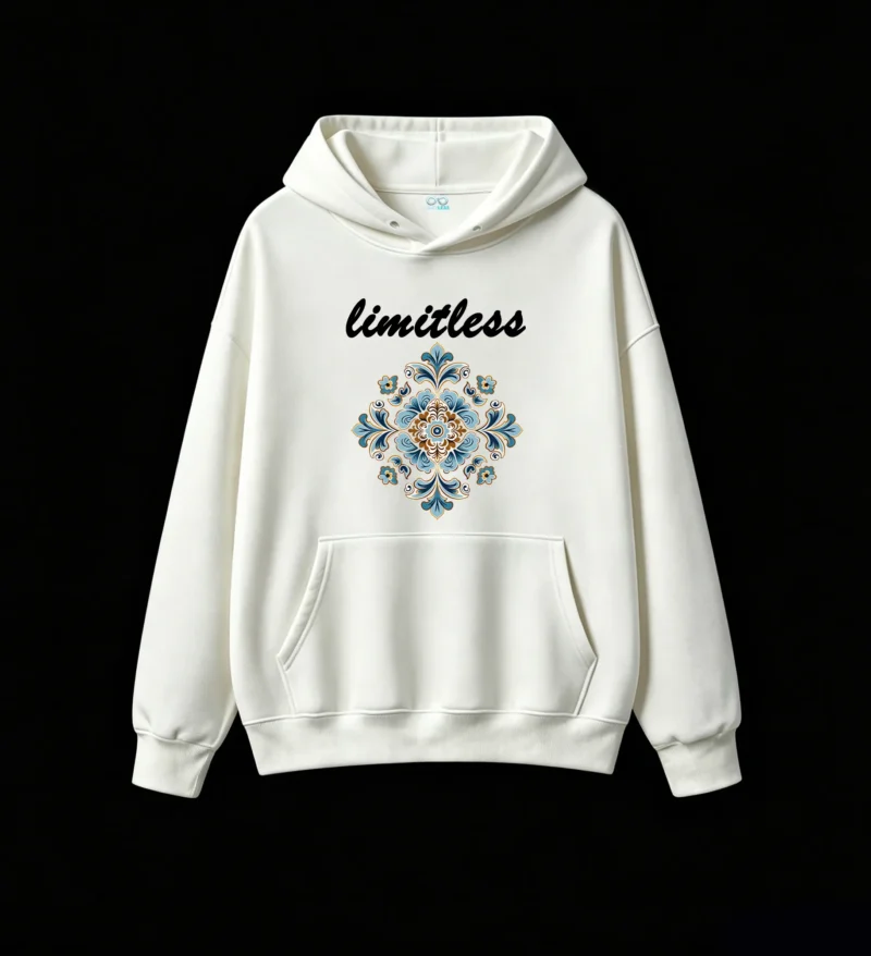 白卫正 Ornate Floral Mandala Eye Motif Symmetrical Baroque Blue Gold Black Print - Premium Soft Cotton Blend Pullover Hoodie