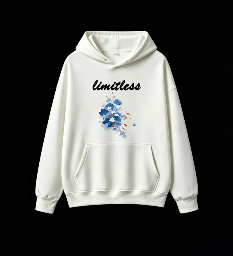 白卫正 Abstract Blue Lotus and Orange Koi Fish Digital Art Print - Vibrant Painterly Hoodie with Brushstroke Texture