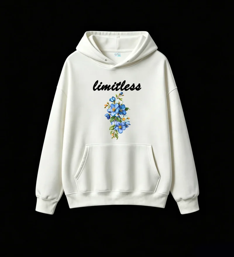 白卫正 Cozy Oversized Floral Blue White Blossoms Black Background Hoodie
