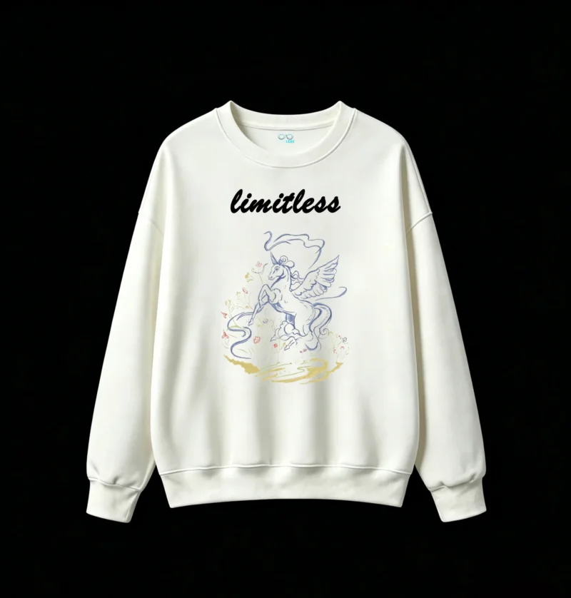 Winged Horse Pegasus Mythical Creature Floral Wildflowers Sketchy Hand-Drawn Neon Blue Ethereal Dreamlike Fantasy Art - Casual Crew Neck Oversized Sweatshirt