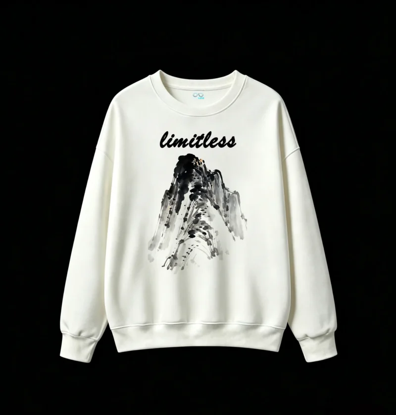 白卫正 Abstract Charcoal Mountain Silhouette Hooded Figure Art Print - Cool Tone Ink Wash Graphic Design Sweatshirt