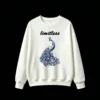 白卫正 Stylized Blue and White Monochromatic Peacock with Flowing Tail Train and Jewel-Like Metallic Texture - Unisex Oversized Crew Neck Sweatshirt