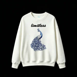 Stylized Blue and White Monochromatic Peacock with Flowing Tail Train and Jewel-Like Metallic Texture - Unisex Oversized Crew Neck Sweatshirt