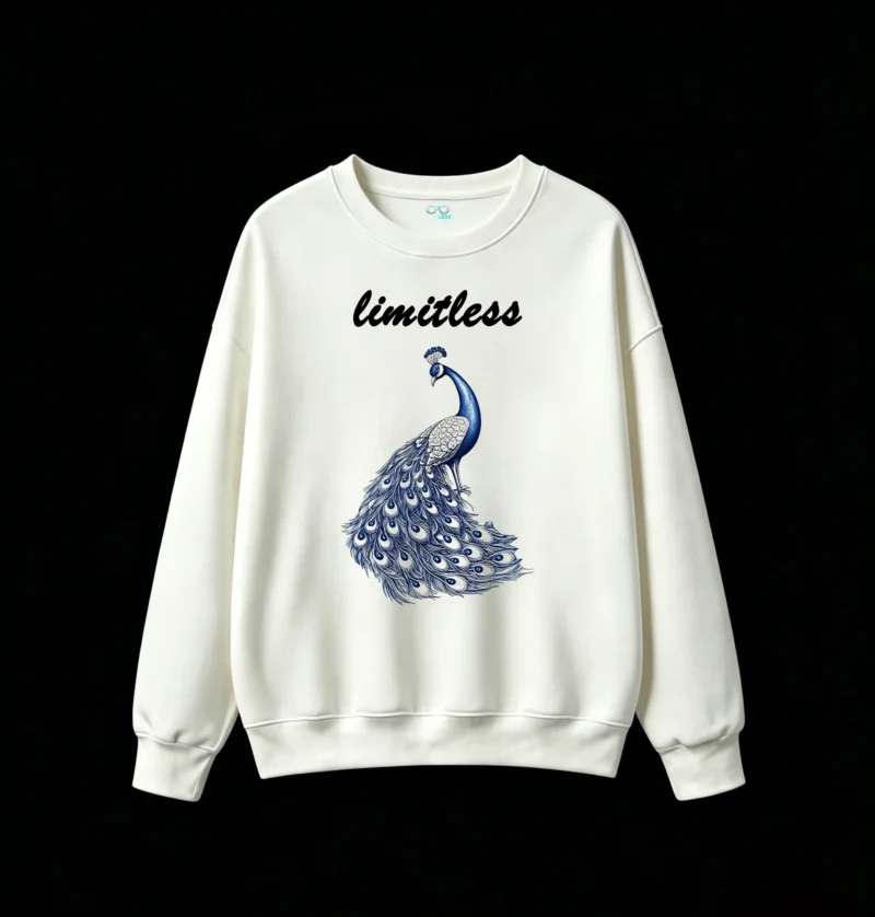 白卫正 Stylized Blue and White Monochromatic Peacock with Flowing Tail Train and Jewel-Like Metallic Texture - Unisex Oversized Crew Neck Sweatshirt