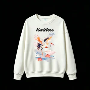 Stylized Two Cranes in Flight with Lotus Flowers and Clouds on Black Background - Unisex Graphic Hoodie