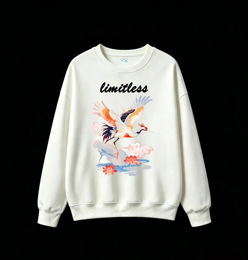 白卫正 Stylized Two Cranes in Flight with Lotus Flowers and Clouds on Black Background - Unisex Graphic Hoodie