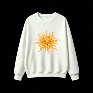 Whimsical Anthropomorphic Sun Sticker Design Oversized Casual Crew Neck Sweatshirt for Men and Women