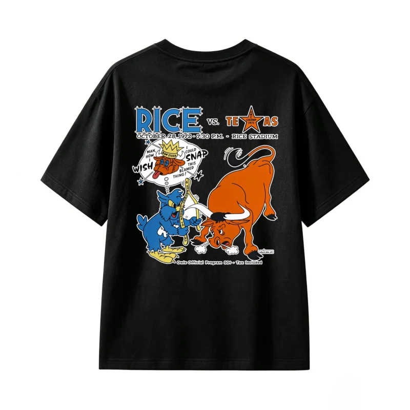Rice SWC Champ 1971 Texas Sun Steer Dog Blue Mascot Bull Retro Cartoon Black Starry Background - Casual Crew Neck Cotton T-Shirt