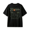 Welcome to Florida Chill With The Locals Retro Alligator Pool Party Sunburst Palm Trees Pelican Sunglasses Straw Hat Muted Green Orange Dark Background Back Print T-Shirt