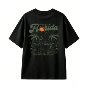 Welcome to Florida Chill With The Locals Retro Alligator Pool Party Sunburst Palm Trees Pelican Sunglasses Straw Hat Muted Green Orange Dark Background Back Print T-Shirt