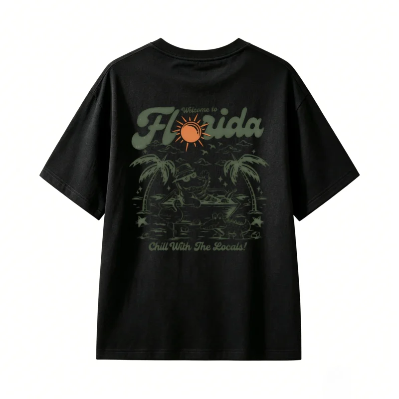 Welcome to Florida Chill With The Locals Retro Alligator Pool Party Sunburst Palm Trees Pelican Sunglasses Straw Hat Muted Green Orange Dark Background Back Print T-Shirt