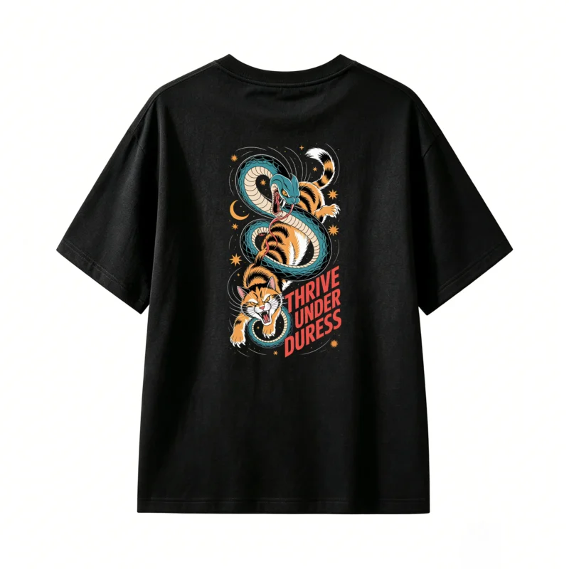 Thrive Under Duress Orange Tabby Cat vs Teal Snake Cosmic Starry Night Graphic Tee