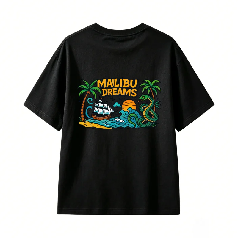 黑t Mailibu Dreams Vintage Travel Poster T-Shirt