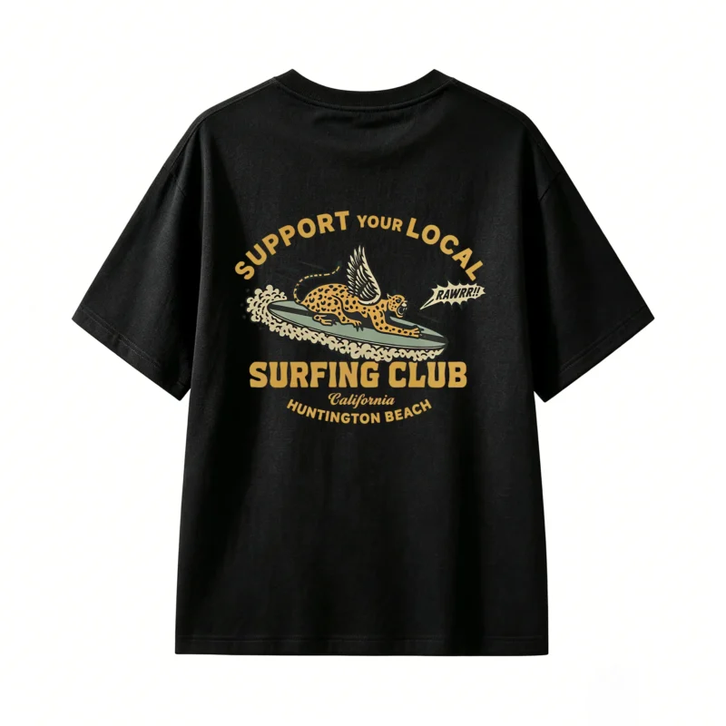 黑t Support Your Local Surfing Club Winged Leopard Surfing California Huntington Beach Vintage Retro Graphic T-Shirt