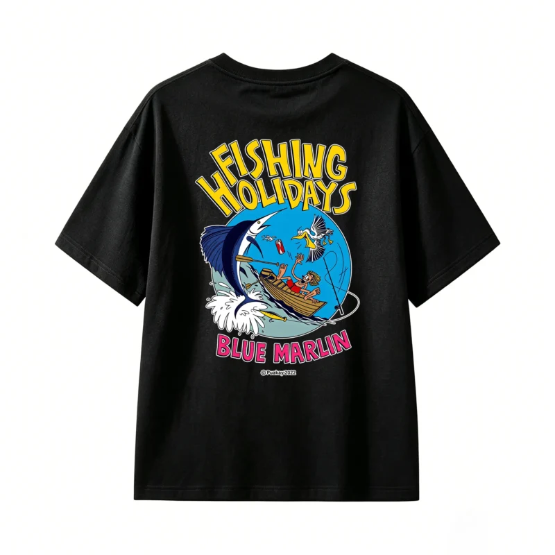 黑t Fishing Holidays Blue Marlin Retro Comic Book Style Graphic Tee