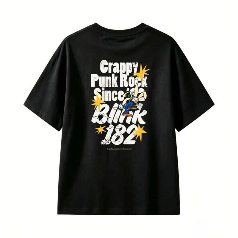 Blink-182 Punk Band Vintage Distressed Print T-Shirt, American Street Cartoon Loose-Fit Unisex Short Sleeve Tee