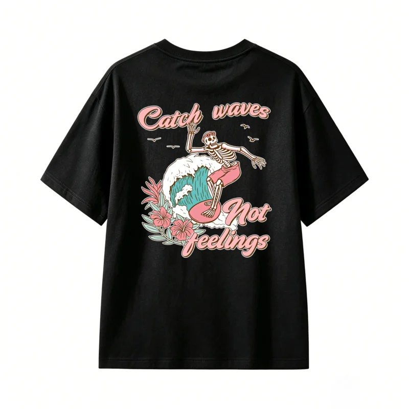 黑t Catch Waves Not Feelings Skeleton Surfer Pink Hibiscus Retro Tropical Style T-Shirt
