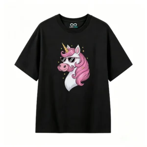 Unicorn with Pink Mane and Sunglasses - Cool Cartoon T-Shirt for Kids and Adults, Magical Yellow Stars Design