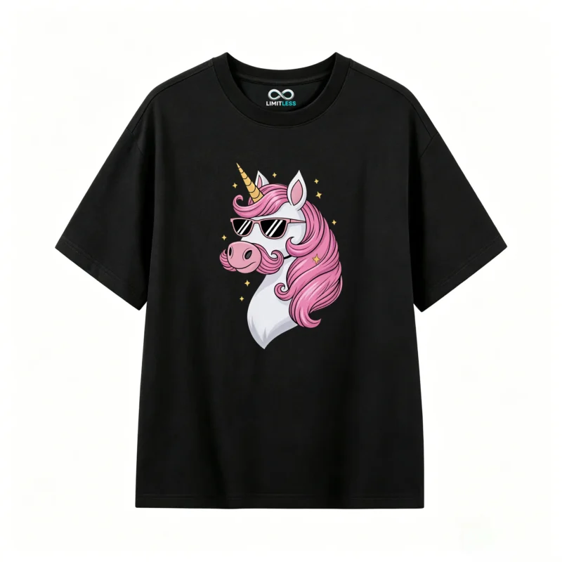 Unicorn with Pink Mane and Sunglasses - Cool Cartoon T-Shirt for Kids and Adults, Magical Yellow Stars Design