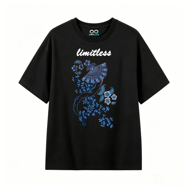 黑t正 Blue Batik Peacock Tail Floral Pattern T-Shirt