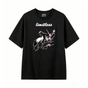 Stylized Black Bird with Red Crest and Pink Blossoms Art T-Shirt - High Contrast Graphic Tee