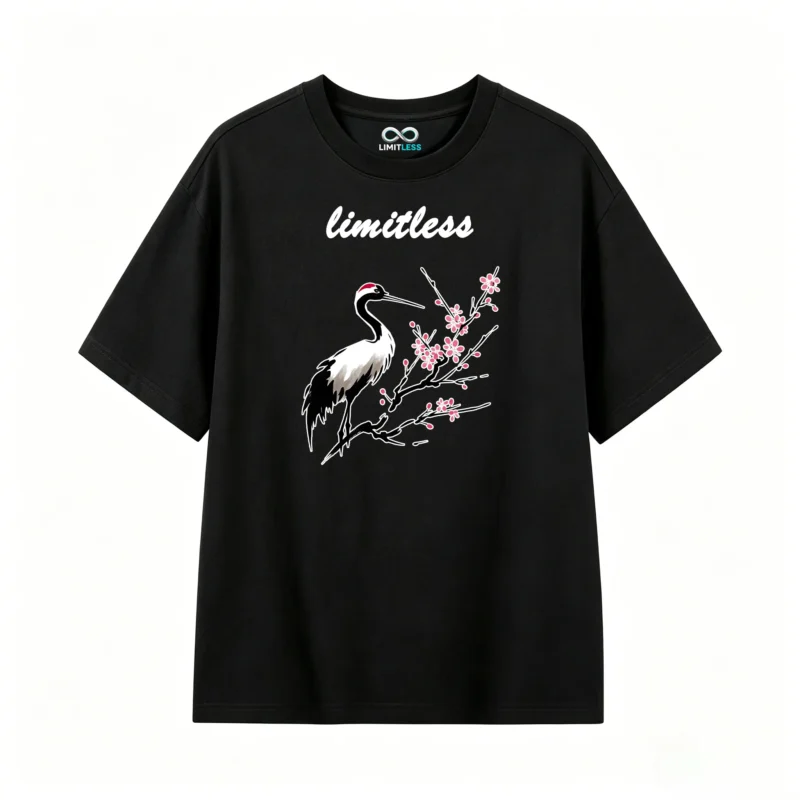 黑t正 Stylized Black Bird with Red Crest and Pink Blossoms Art T-Shirt - High Contrast Graphic Tee