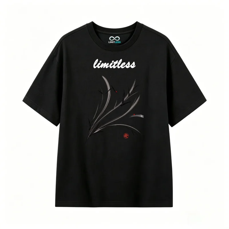 Artistic Gray Metallic Grass Leaves with Red Berries and Traditional Seal - Minimalist Elegant Nature Design T-Shirt
