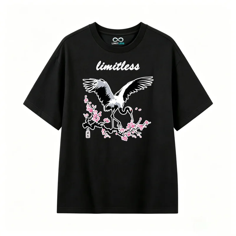黑t正 Oriental Crane Plum Limitless Loose Cotton T-Shirt