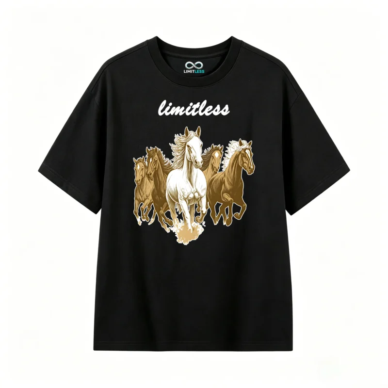黑t正 Dynamic Five Horses Gold Black White Art T-Shirt