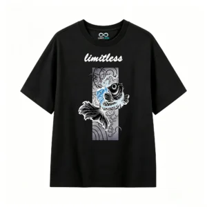 Stylized Black and White Koi Goldfish with Light Blue Accents - Modern Graphic Art T-Shirt
