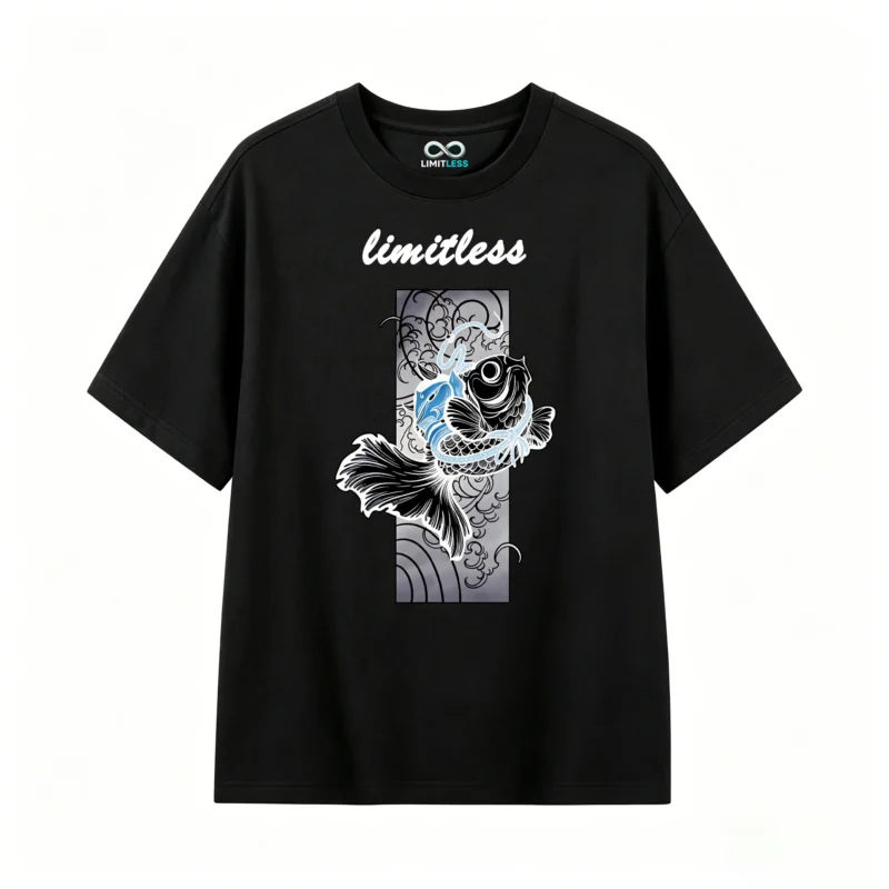 黑t正 Stylized Black and White Koi Goldfish with Light Blue Accents - Modern Graphic Art T-Shirt
