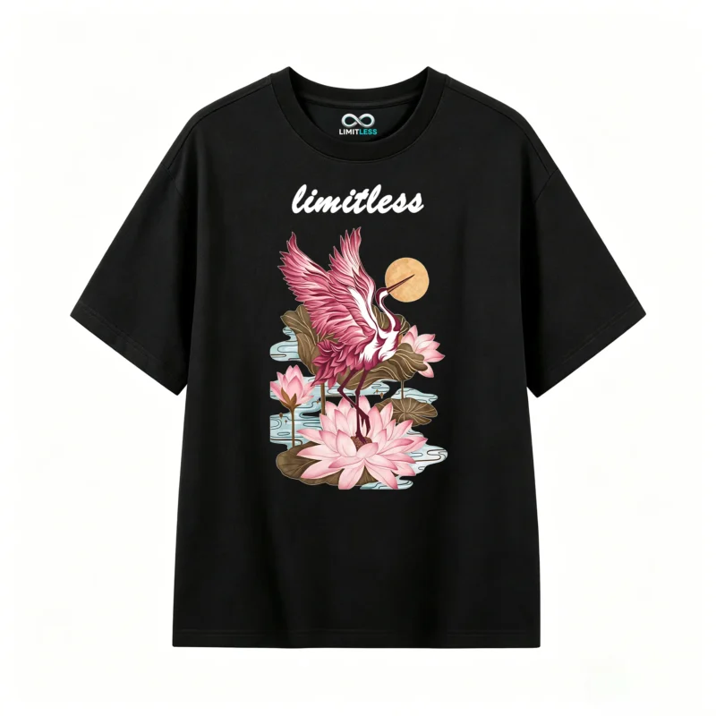 黑t正 Pink Bird Lotus Flower Fantasy Moon Art T-Shirt