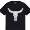 黑t正面展示 Unisex Bull Skull T-Shirt Western Cowboy Style Casual Cotton Men Women