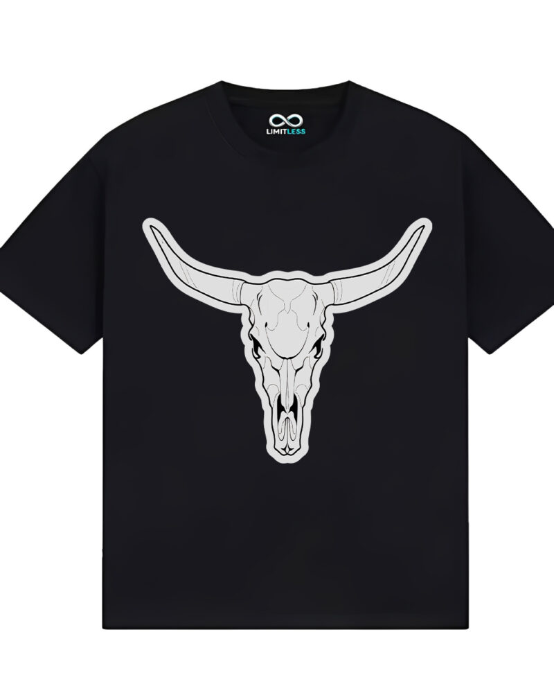 黑t正面展示 Unisex Bull Skull T-Shirt Western Cowboy Style Casual Cotton Men Women