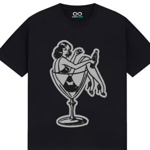 Unisex T-shirts with cocktail glass prints, retro casual style in black and white colorway