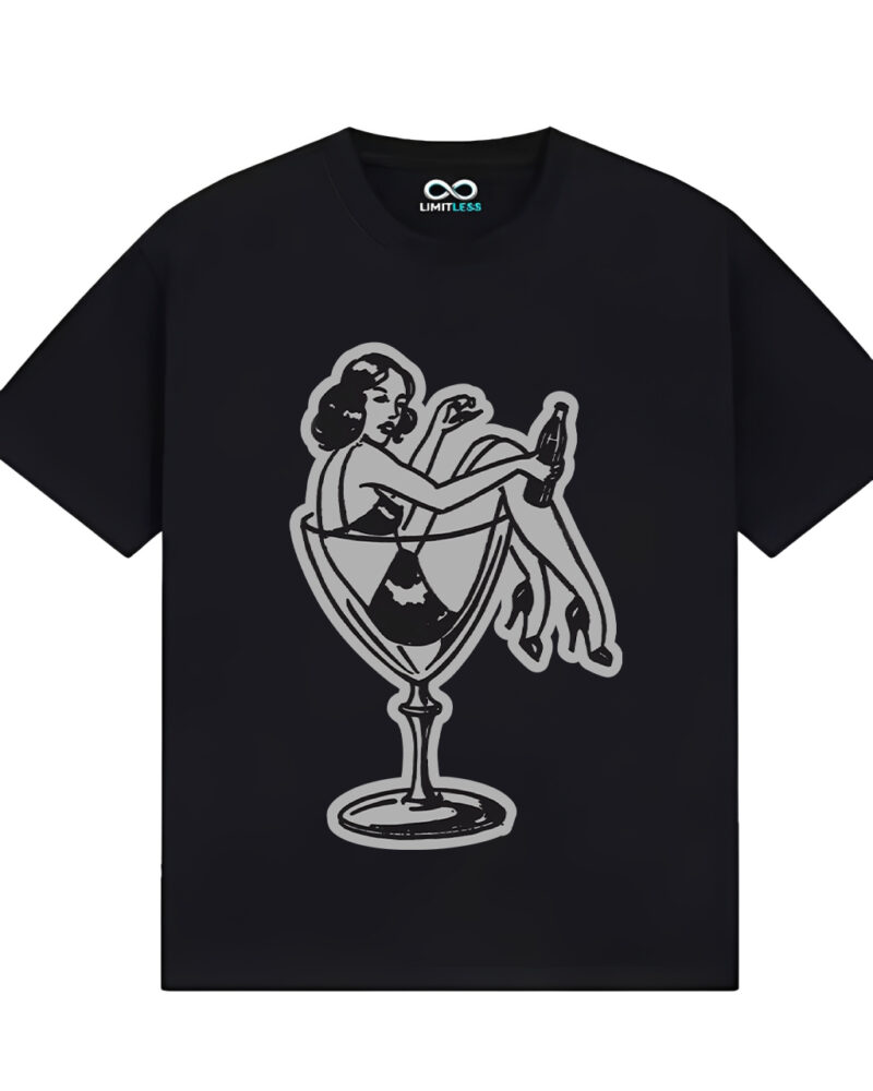 Unisex T-shirts with cocktail glass prints, retro casual style in black and white colorway