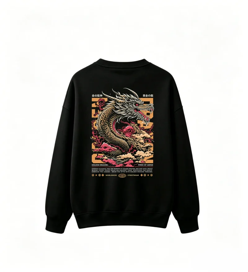 黑卫 Golden Dragon Pride of Japan Worldwide Streetwear Back Print Crew Neck Hoodie