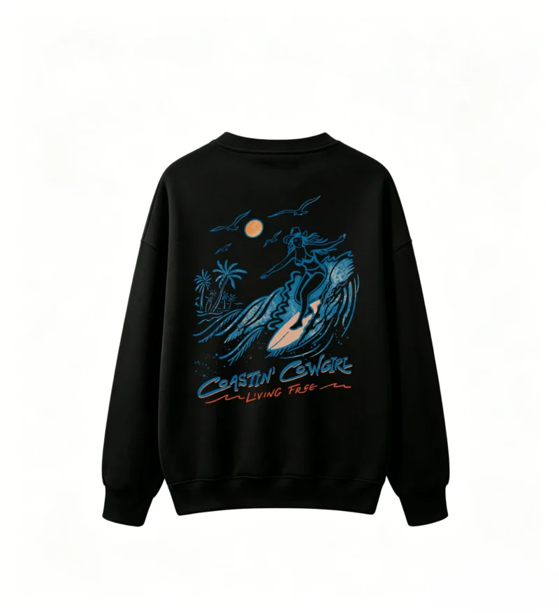 黑卫 Coastin' Cowgirl Surfer Girl Retro Vintage Moon Palm Trees Wavy Text Crew Neck Sweatshirt