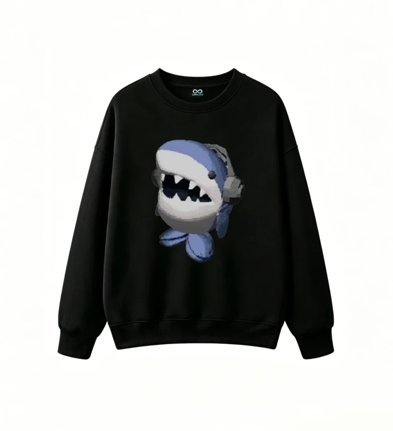 黑卫正 Retro Pixel Blue Shark with Sharp Teeth and Gray Headphones Unisex Oversized Hoodie
