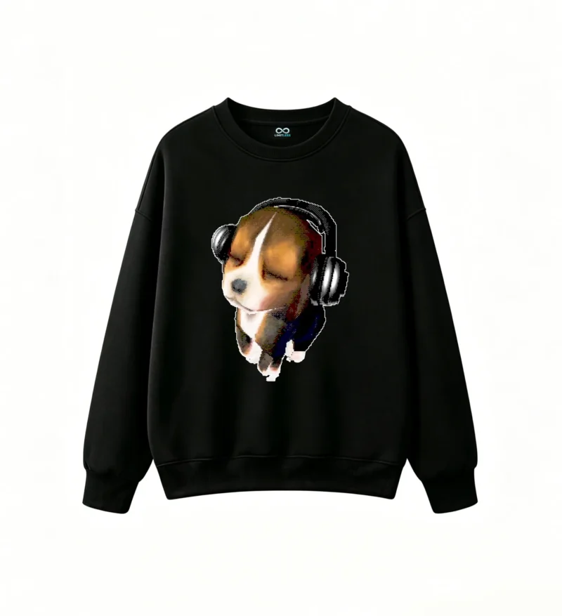 Pixelated Low-Resolution Beagle Puppy with Closed Eyes Wearing Silver and Black Over-Ear Headphones on Solid Black Background
