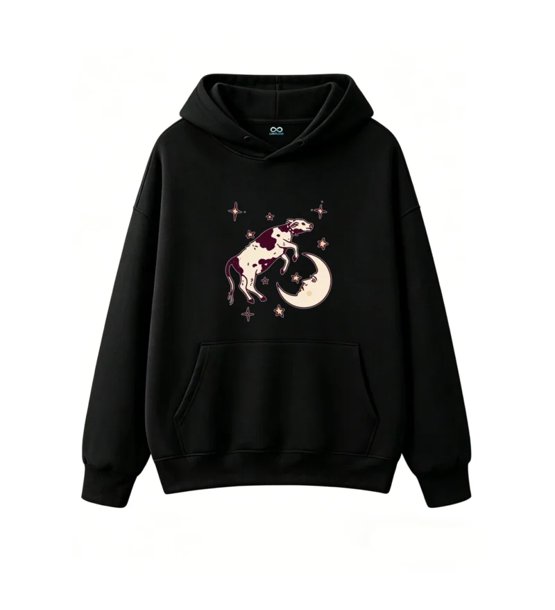 Vintage Folk Art Dreamy Celestial Cow on Moon Sleeping Face Stars Black White Cream Purple Graphic Hoodie