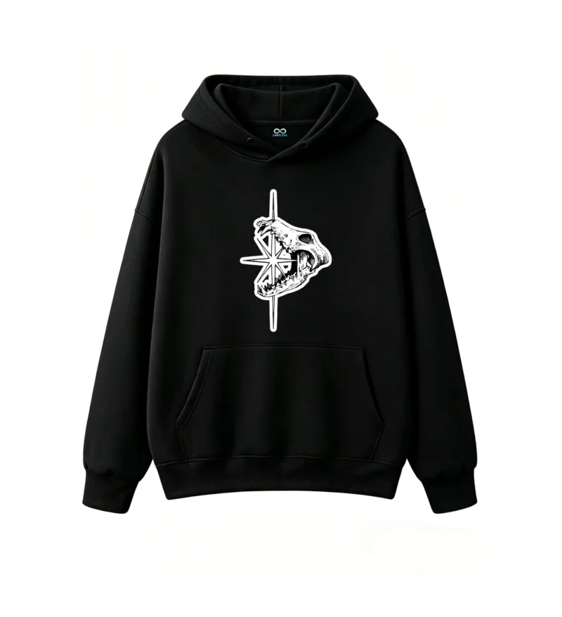 Ethereal Hand with Compass Rose Geometric Symbol - High Contrast Monochromatic Stippled Art Hoodie