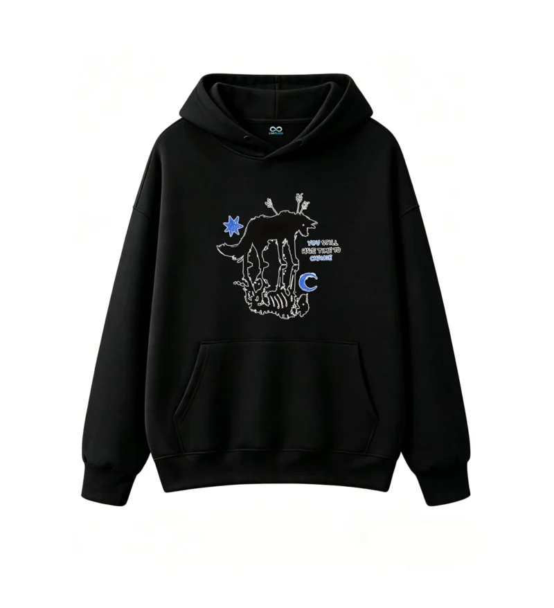 黑卫正 Mystical Wolf Spirit with Blue Star and Moon - You Will Have Time to Change Motivational Graphic Hoodie